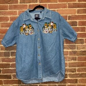 Quizz Blue Denim Women's Button Down Shirt with Embroidery